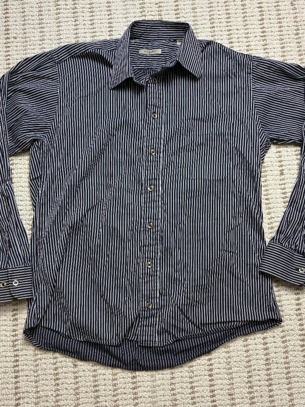 Burberry London Navy Blue White Striped Button Up Shirt Size M Made in USA
